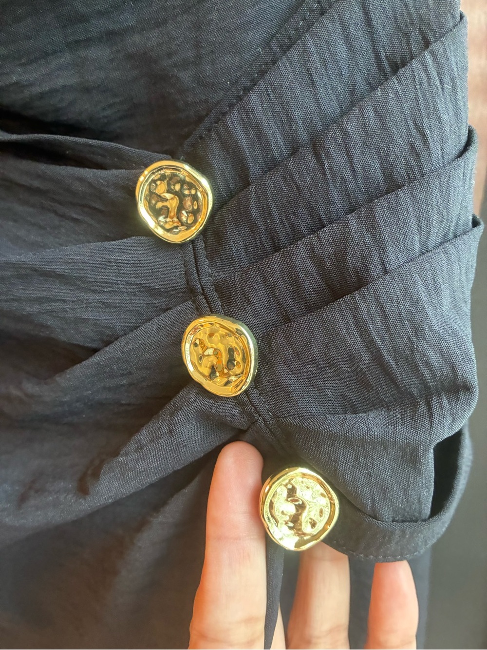Zara Black Draped Midi Skirt with Gold Buttons Size Large - Picture 3 of 6